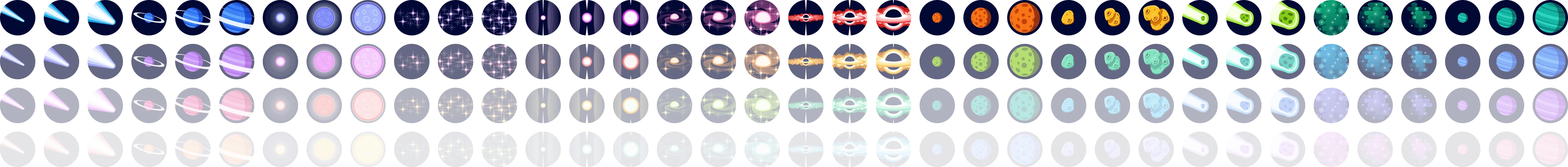 A dense grid of the celestial bodies in different colors and sizes, showing a preview of the variety you can get by making a matrix of a few properties