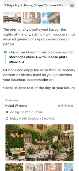 Itinerary first activity. Welcomes user to destination, and highlights name and licence plate of the drivers that will pick them up.