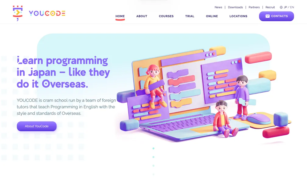 Homepage for YouCode, a coding school for kids. The tagline reads 'Learn programming in Japan – like they do Overseas'. There is a colorful and child-like 3D illustration in the background.