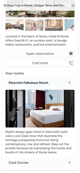 Itinerary check-in. Contains pictures and description for the hotel, quick actions to open the reservation or call the lobby. It also lists the room you booked under a `detail`/`summary`.