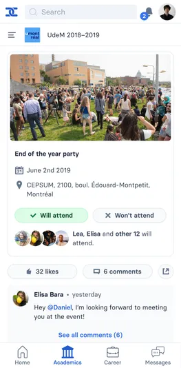 An event post in the student group for an 'End of the year' party. It shows where
and when it will take place, which of your friends will attend, and has a call-to-action
to say if you will, too.