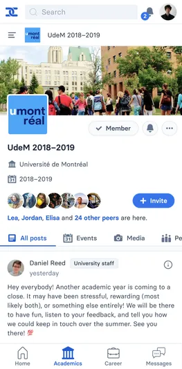 Top page of a student group, showing the institution name, the year (if it's cohort-based) and who of your friends already joined. It also contains secondary navigation. There are controls to join/leave the group and mute notifications.