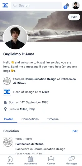 A user profile header with a small bio, most recent study title and job
position. It contains secondary navigation for 'profile' (education, skills,
ect.), 'connections' and 'timeline'.